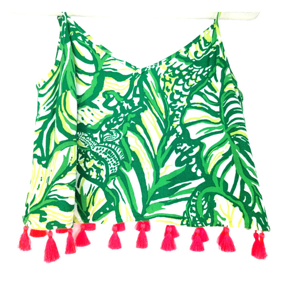 Lily Pulitzer Green Tropical Coastal Boho Leaf Print Tassel Ramona Crop Top 00 - Picture 3 of 11